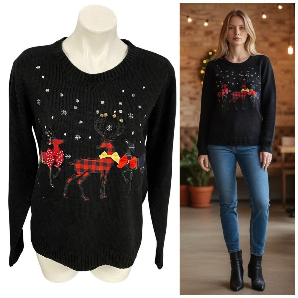 Karen Scott Sweater Womens Size Large Christmas Reindeer Black Red Plaid Bow